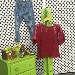 Red Sequins Top 100% Silk Shell